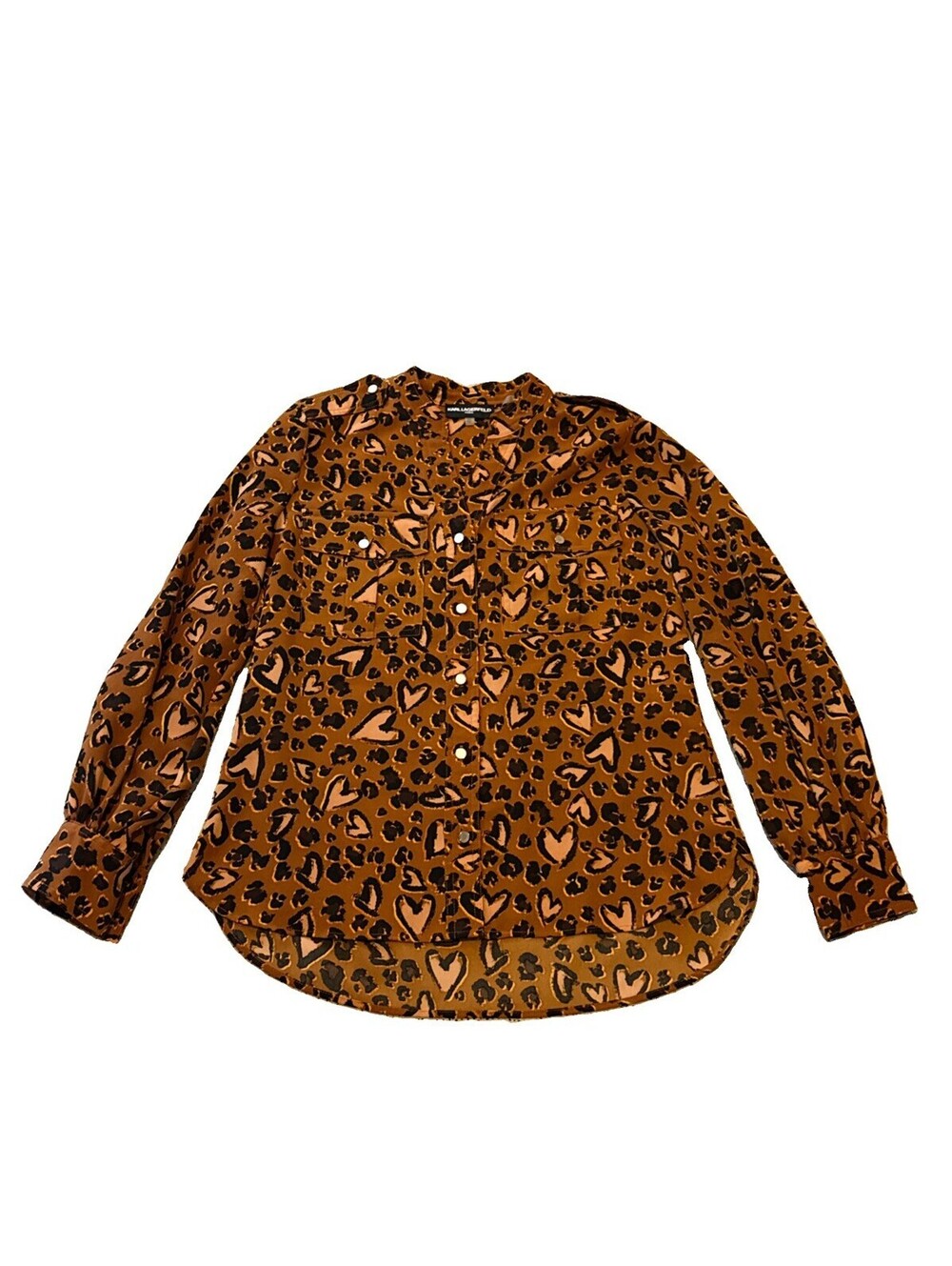 Karl Lagerfeld Paris Womens Leopard Heart Print Brown Black Button-Up Blouse  XS